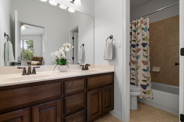 139 Merion Dr, Austin, TX 78737 - bathroom with double vanity, shower / bath combo, and tile patterned floors