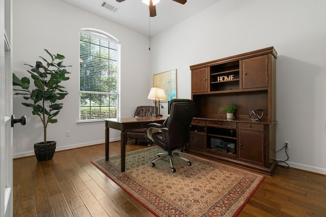 139 Merion Dr, Austin, TX 78737 - office featuring a ceiling fan and dark wood-style floors