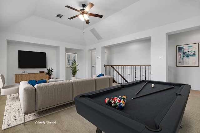 139 Merion Dr, Austin, TX 78737 - rec room featuring ceiling fan, carpet flooring, vaulted ceiling, and billiards