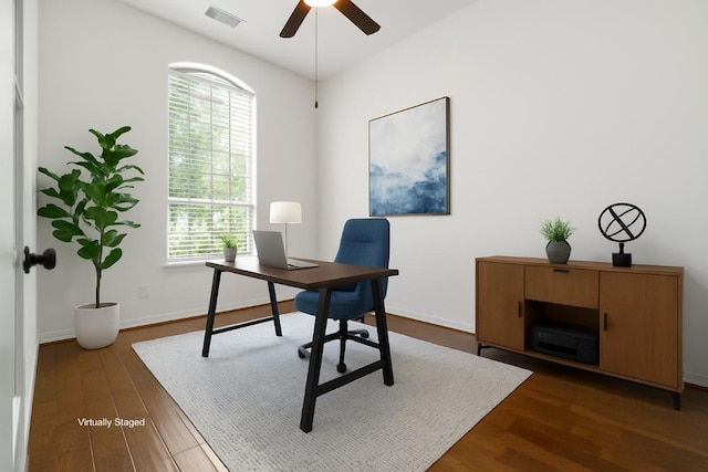139 Merion Dr, Austin, TX 78737 - home office with a ceiling fan and dark wood-type flooring