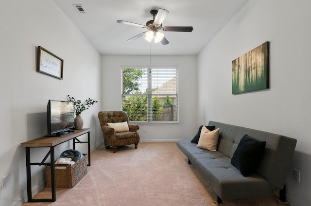 139 Merion Dr, Austin, TX 78737 - living room featuring light carpet and a ceiling fan