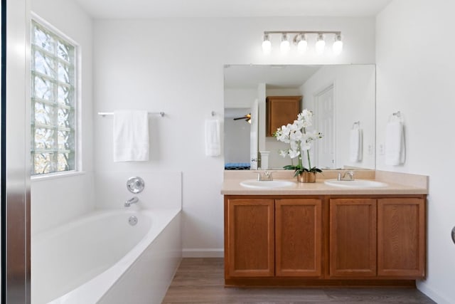 1431 Davis Mountain Loop, Cedar Park, TX 78613 - full bathroom featuring healthy amount of natural light, double vanity, a bath, and wood finished floors