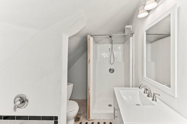 17226 Rocky Ridge Rd, Austin, TX 78734 - bathroom featuring a stall shower, lofted ceiling, and vanity