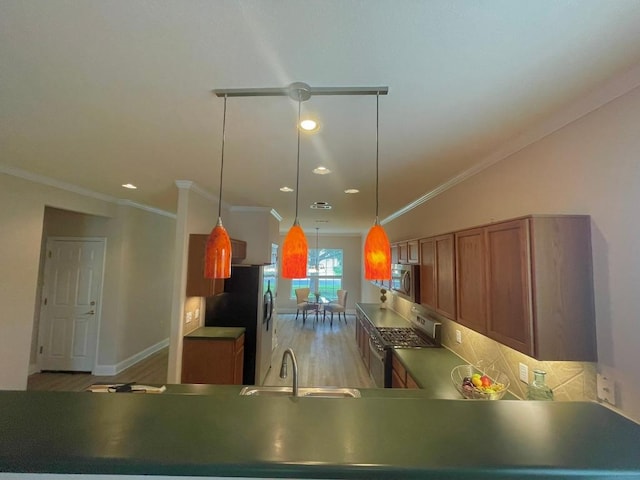 209 Crockett Loop, Georgetown, TX 78633 - kitchen with stainless steel appliances, crown molding, brown cabinetry, light wood-type flooring, and pendant lighting