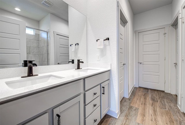 228 Tequilana Pass, Leander, TX 78641 - full bathroom featuring a stall shower, wood finished floors, and double vanity