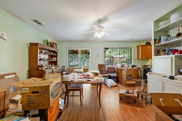 2329 Campden Dr, Austin, TX 78745 - living area with light wood-style flooring, ceiling fan, and ornamental molding