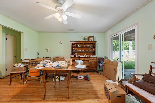 2329 Campden Dr, Austin, TX 78745 - dining area with crown molding, light wood-style floors, a ceiling fan, and an office area