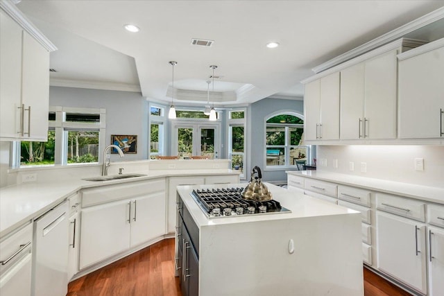 1208 Verdant Way, Austin, TX 78746 - kitchen featuring dishwashing machine, stainless steel gas stovetop, ornamental molding, healthy amount of natural light, and dark wood-type flooring