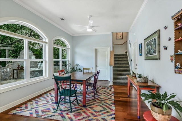 1208 Verdant Way, Austin, TX 78746 - dining space with crown molding, stairway, wood finished floors, and a ceiling fan