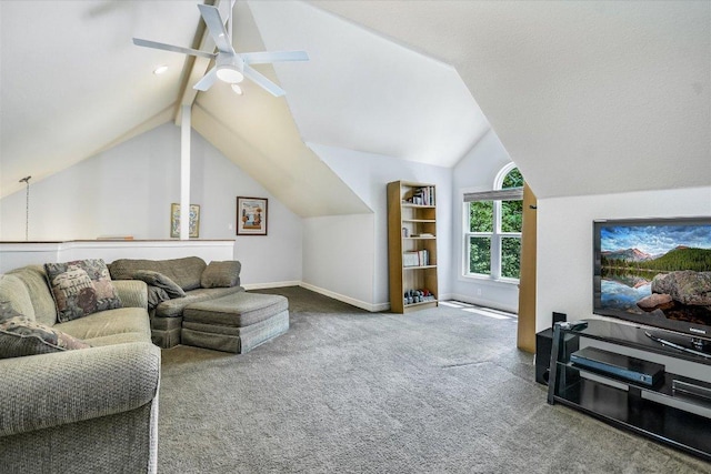 1208 Verdant Way, Austin, TX 78746 - living area with vaulted ceiling, ceiling fan, and carpet flooring