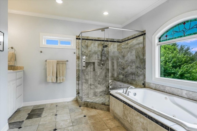 1208 Verdant Way, Austin, TX 78746 - full bath with a whirlpool tub, a stall shower, vanity, ornamental molding, and recessed lighting