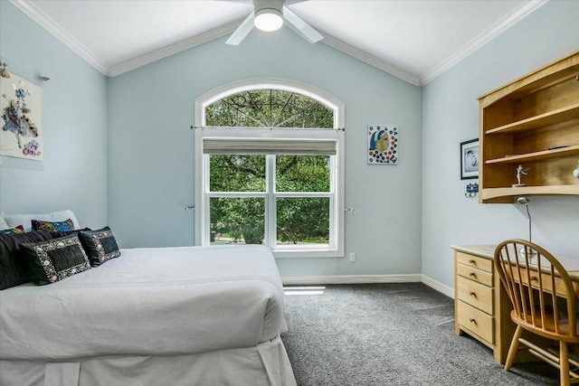 1208 Verdant Way, Austin, TX 78746 - bedroom with carpet floors, vaulted ceiling, crown molding, and a ceiling fan