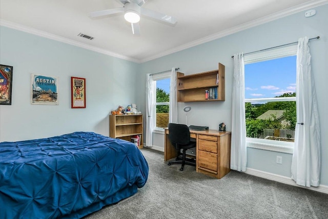 1208 Verdant Way, Austin, TX 78746 - carpeted bedroom with crown molding, an office area, and ceiling fan