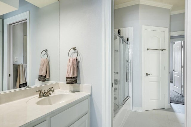 1208 Verdant Way, Austin, TX 78746 - bathroom featuring crown molding, vanity, bath / shower combo with glass door, and tile patterned flooring