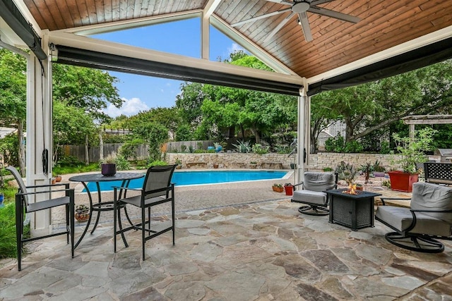 1208 Verdant Way, Austin, TX 78746 - fenced backyard with an outdoor fire pit, a ceiling fan, a gazebo, and a patio