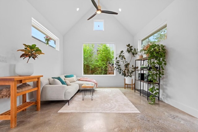 5006 Lott Ave Unit 2, Austin, TX 78721 - living area with high vaulted ceiling, a ceiling fan, and finished concrete floors