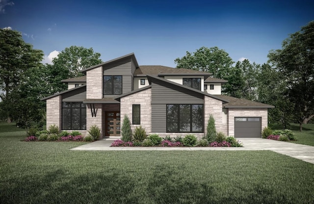 963 Tomichi Trl, Lakeway, TX 78738 - modern home featuring stone siding, a garage, driveway, a front lawn, and french doors