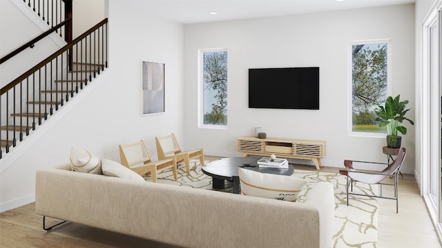 4604 Englewood Dr, Austin, TX 78745 - living room with wood finished floors, stairs, and recessed lighting