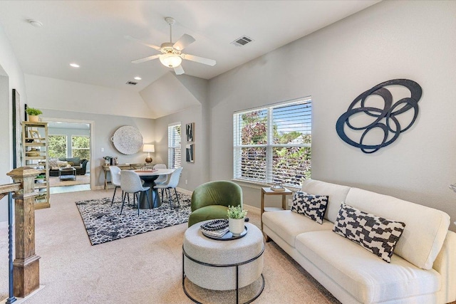 280 Whitney Run, Buda, TX 78610 - carpeted living area with healthy amount of natural light, ceiling fan, vaulted ceiling, and recessed lighting