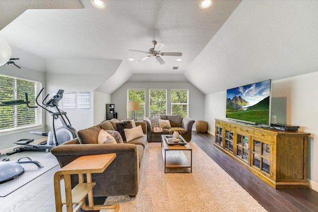 280 Whitney Run, Buda, TX 78610 - living area featuring a ceiling fan, a textured ceiling, wood finished floors, healthy amount of natural light, and recessed lighting