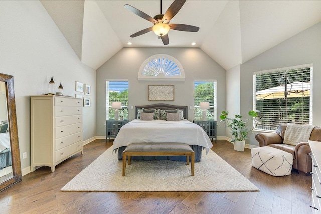 280 Whitney Run, Buda, TX 78610 - bedroom with wood-type flooring, high vaulted ceiling, recessed lighting, and a ceiling fan