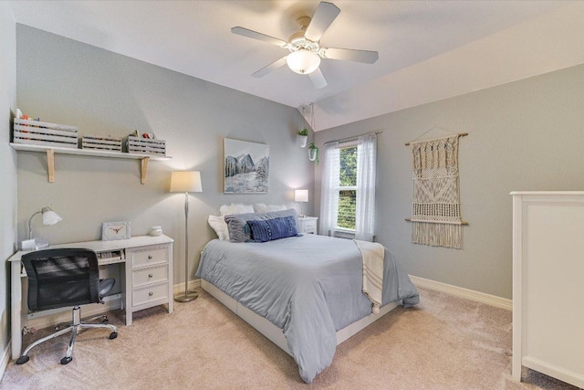 280 Whitney Run, Buda, TX 78610 - bedroom with light carpet, an office area, lofted ceiling, and ceiling fan