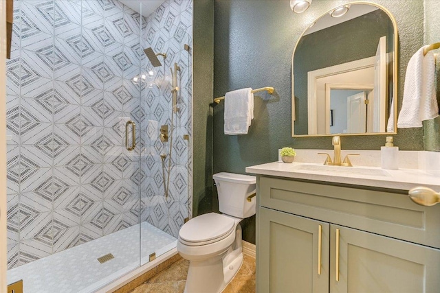 280 Whitney Run, Buda, TX 78610 - bathroom with vanity, a stall shower, a textured wall, and tile patterned floors