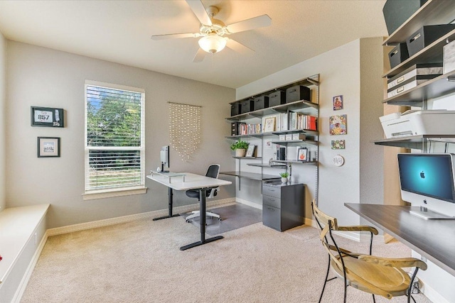 280 Whitney Run, Buda, TX 78610 - carpeted home office featuring a ceiling fan and baseboards