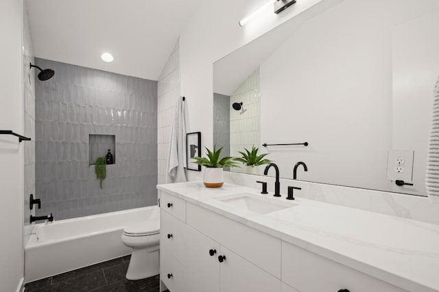3402 Goodwin Ave Unit 1, Austin, TX 78702 - bathroom featuring toilet, vanity, bathing tub / shower combination, tile patterned floors, and recessed lighting