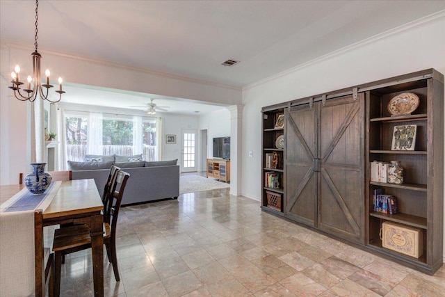 8500 E Potosi Cv, Austin, TX 78717 - dining room with ornamental molding, built in shelves, a chandelier, and ceiling fan