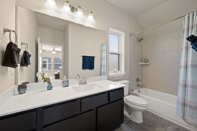 8713 Alderman Dr, Austin, TX 78747 - bathroom featuring vanity, shower / bath combo, ceiling fan, and tile patterned flooring
