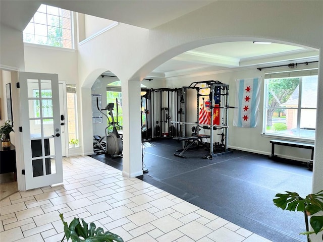 12504 Gun Metal Dr, Austin, TX 78739 - exercise room with crown molding and arched walkways