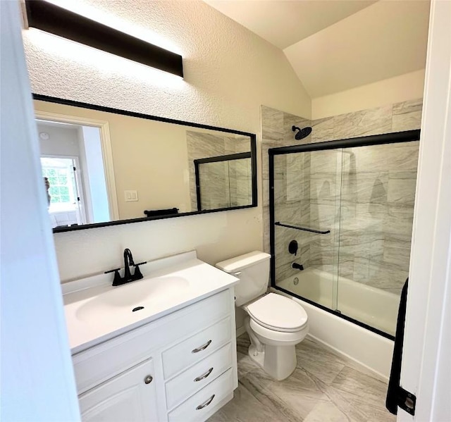 12504 Gun Metal Dr, Austin, TX 78739 - full bathroom with vanity, shower / bath combination with glass door, lofted ceiling, and marble finish floors
