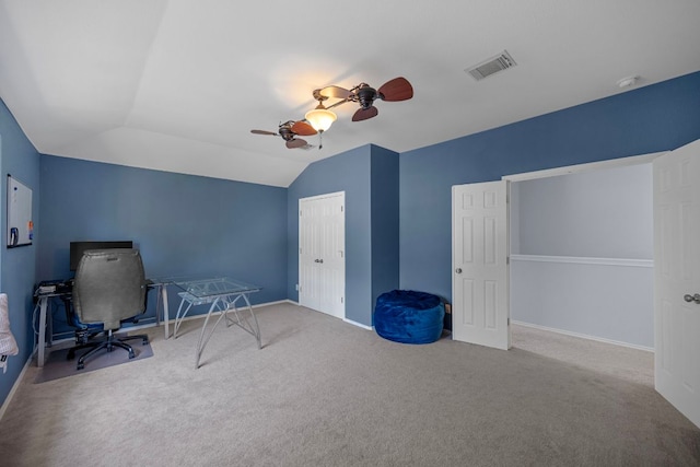 1913 Avante Dr, Cedar Park, TX 78613 - carpeted home office featuring ceiling fan and vaulted ceiling