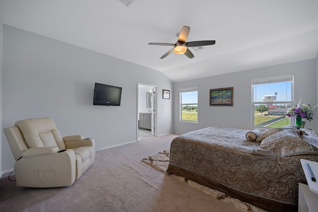 1913 Avante Dr, Cedar Park, TX 78613 - carpeted bedroom with lofted ceiling, a ceiling fan, and connected bathroom