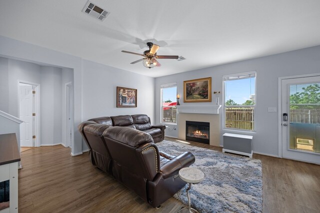 1913 Avante Dr, Cedar Park, TX 78613 - living area with a glass covered fireplace, wood finished floors, and a ceiling fan