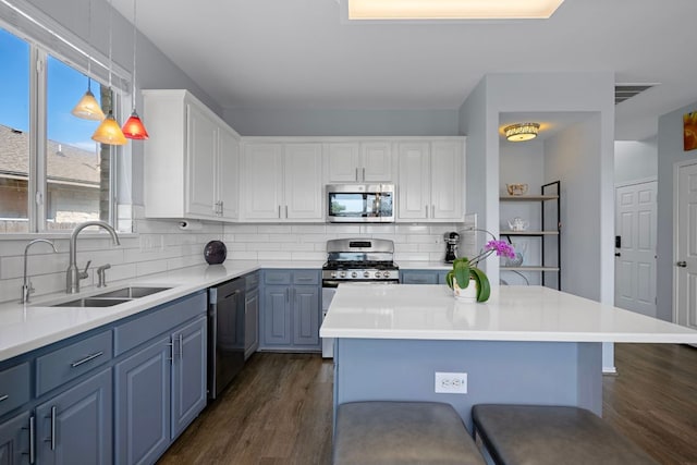 1913 Avante Dr, Cedar Park, TX 78613 - kitchen featuring appliances with stainless steel finishes, dark wood-type flooring, tasteful backsplash, blue cabinetry, and light countertops