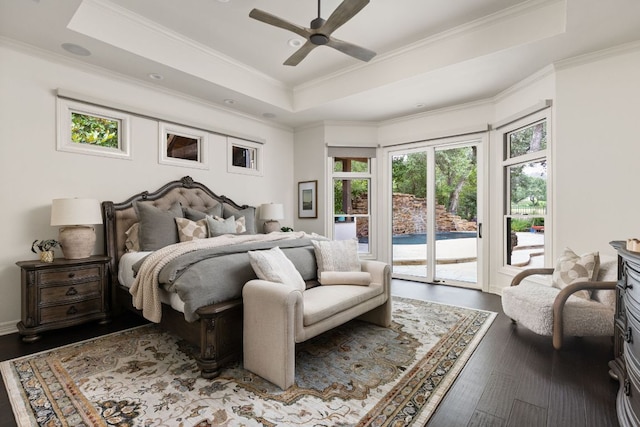 8634 Navidad Dr, Austin, TX 78735 - bedroom with a raised ceiling, access to exterior, ornamental molding, wood finished floors, and ceiling fan