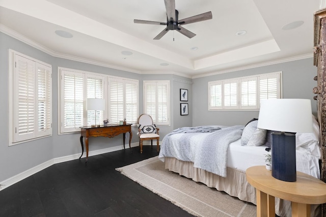 8634 Navidad Dr, Austin, TX 78735 - bedroom featuring a raised ceiling, dark wood-type flooring, a ceiling fan, and ornamental molding