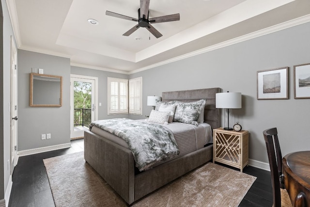 8634 Navidad Dr, Austin, TX 78735 - bedroom with access to exterior, a raised ceiling, wood finished floors, ceiling fan, and ornamental molding