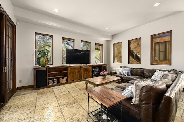 3816 Pappys Way, Austin, TX 78730 - living room featuring stone tile flooring and recessed lighting