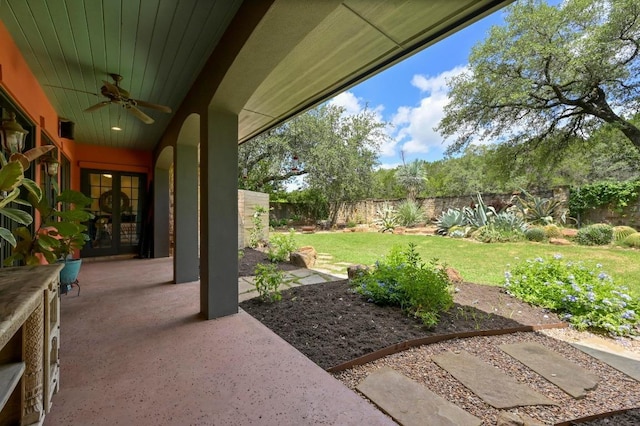 3816 Pappys Way, Austin, TX 78730 - fenced backyard with ceiling fan, a patio, and french doors