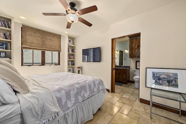 3816 Pappys Way, Austin, TX 78730 - bedroom featuring stone tile flooring, ensuite bathroom, a ceiling fan, and recessed lighting