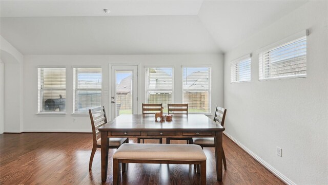 687 Oleander Loop, Buda, TX 78610 - dining space featuring vaulted ceiling and dark wood-style flooring