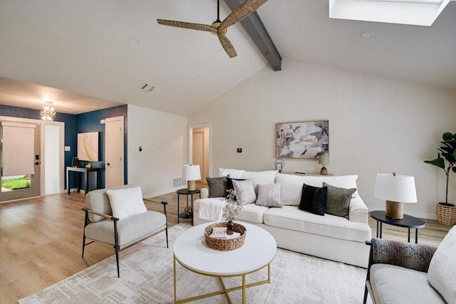 7906 Swindon Ln, Austin, TX 78745 - living room with wood finished floors, a ceiling fan, and a skylight