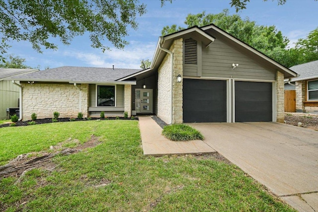 7906 Swindon Ln, Austin, TX 78745 - mid-century modern home with stone siding, an attached garage, driveway, a front lawn, and a shingled roof