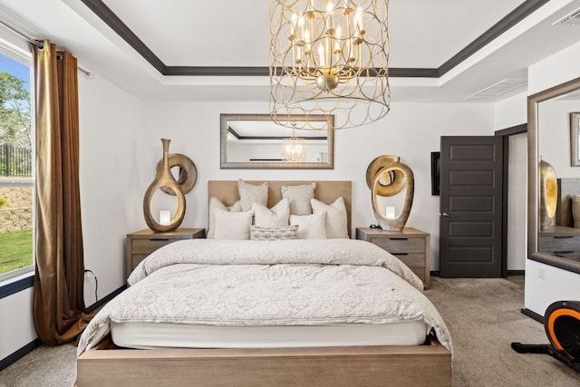 614 W Martingale St W, Georgetown, TX 78633 - bedroom with a chandelier, carpet flooring, ornamental molding, and a raised ceiling