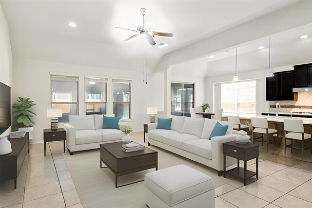 2516 Silver Fern Ln, Pflugerville, TX 78660 - living room featuring light tile patterned floors, lofted ceiling, ceiling fan, and recessed lighting