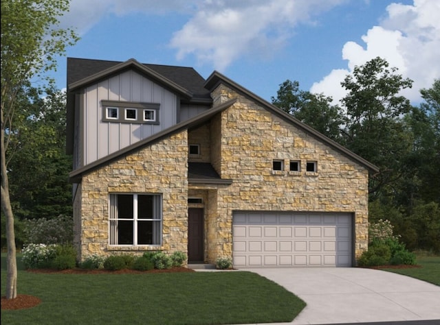 13104 Geary Dr, Austin, TX 78652 - view of front of home with stone siding, board and batten siding, concrete driveway, and a front yard