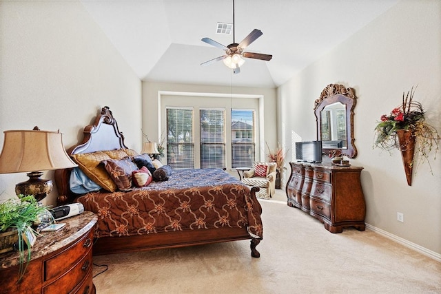 128 Lady Bird Ln, Georgetown, TX 78628 - bedroom with light carpet, lofted ceiling, and ceiling fan
